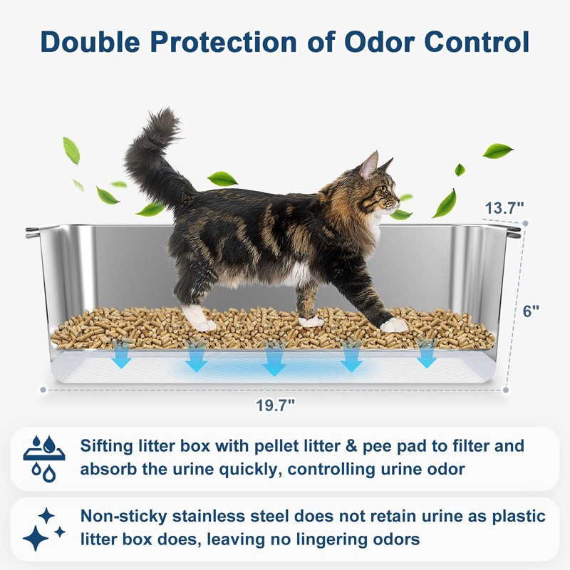 19.6''x13.7''x6'' Suzzipaws Stainless Steel Litter Box, Open Top Sifting Litter