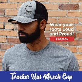 WYR Clothing - Snapback Hat with Oregon Roots Design, Stylish Hats for Men and Women, Polyester Cotton Baseball Cap with Mesh Back, Six-Panel Trucker Hats, Universal Size, Heather & Black Mesh