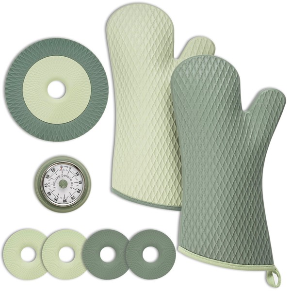 Heat Resistant Silicone Oven Mitt and Trivet Set and Timer,