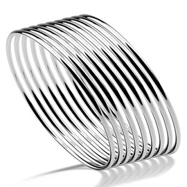 Original Women's 925 Sterling Silver Bracelet - Minimalist Glossy 3/6/9 Ring Bangle Thick 2MM: 2.3/2.5 in Diameter Bracelet Party Jewelry Bohemian (Diameter 60MM, Silver-9 pieces)