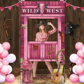 YINGLUBEN Cowgirl West Wanted Photo Booth Prop, Cowgirl Party Decorations, Wild West Pink Photo Banner, Fun Frame Banner Wild Western Selfie Backdrop for Cowboy Cowgirl Rustic Party Supplies,73×39.4"