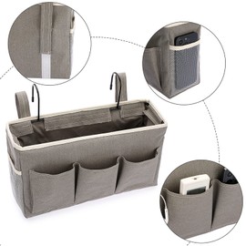 IGNPION Canvas Bedside Hanging Storage Pockets with Metal Hanging Hook Adjustable Hanging Tape Dormitory Bed Organiser Caddy Mulit-purpose Hanging Storage Bag for Home Office School Hospital, Grey