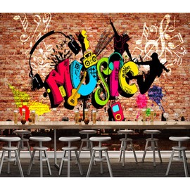 WFBHUA-Music Graffiti Wallpaper Abstract City Brick Wall Hip-hop Murals for Bar Ktv Industrial Background (Not Peel and Stick)