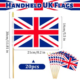 20 Pack 14 x 21 cm Small Handheld UK Flags on Wooden Sticks with Gold Spear Tops, Double-Sided Mini Union Jack Flags for Parades, British National Day, School Events, and Patriotic Decorations