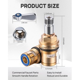 Phivan Brass Handle Stem Assembly Ceramic Faucet Valve Cartridge 20 Teeth Commercial Faucet Parts for Commercial Kitchen Sink Faucet, Compatible with Cold Widespread Cartridge Replacement