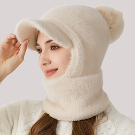 Mohair Boucle Balaclava Golf Winter Women's Knit Hat with Pom-pom Knit Hat White