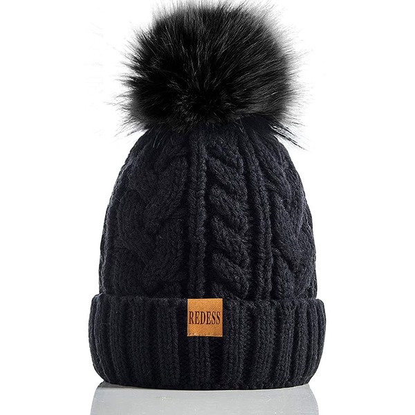 REDESS Women's Winter Bobble Beanie Hat with Warm Fleece Lining, Thick Slouchy Snow Knit Skull Ski Cap, 1# Black12