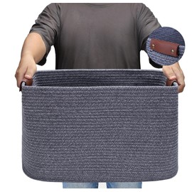 Large Cotton Rope Storage Basket with Leather Handles, Laundry Hamper Baskets, 20 "L x 14" W x 12 "H, Storage Blanket & Toy, Home Decor Basket. (Large Dark Grey)