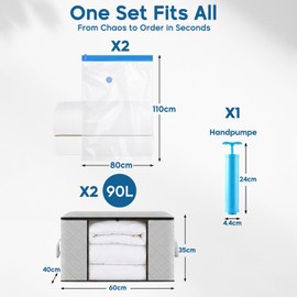 Leavans Pack of 2 90 L Storage Bags, 2 Vacuum Bags, 1 Hand Pump, Storage Box with Lid, with Reinforced Handle, Moving Boxes with Window, Foldable Storage Boxes, for Duvets, Clothes, Blankets