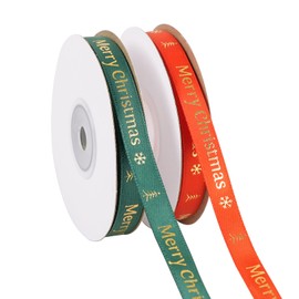 2 Rolls 50 Yards Christmas Ribbon 3/8 Inch Wide, Red and Green Satin Ribbon with Gold Stamping Pattern for Gift Wrapping Christmas Holiday Decoration Bow DIY Crafts (Christmas)
