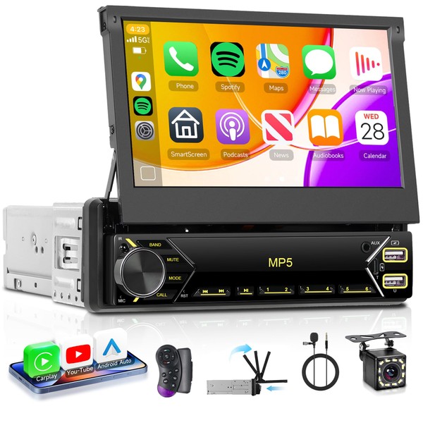 Single Din Car Stereo Touch Screen Flip Out Wireless Carplay