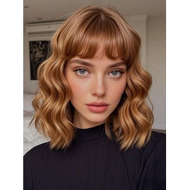 Honey Brown Mixed Blonde Wig with Bangs Short Curly Bob Wigs for Women 14 Inch Shoulder Length Natural Looking Hair Replacement Wigs for Cosplay Party Use