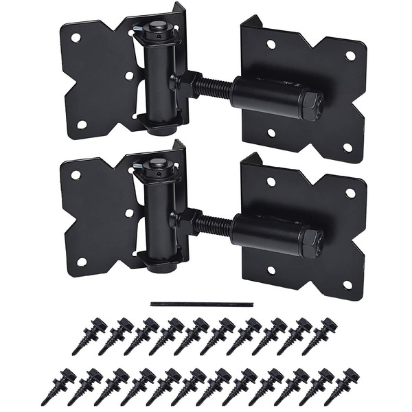 Self Closing Gate Hinges Heavy Duty Hardware Hinges for Wooden/Vinyl/PVC Fences,90 Degree Adjustable Gate Hinge with Installation Screws and Swing Adjuster Tool,2 Pack/Set,Black