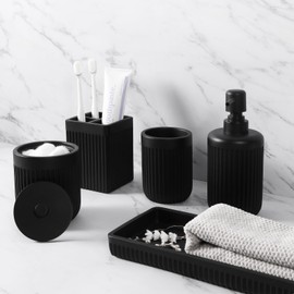 XLHOMO XLHOMO Resin Matte Black Bathroom Accessories Set 5 Pcs, Lotion Soap Dispenser, Toothbrush Holder, Bathroom Tumbler, Qtip Holder and Vanity Tray, Bathroom Countertop Organizer Set for Home Apartment
