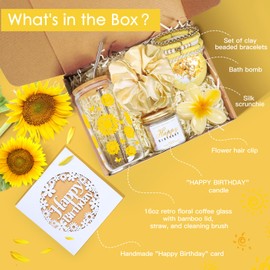 Birthday Gifts for Women, Her, Teen Girl Gifts, Happy Birthday Gift Box for Girl, Women, Sister, Daughter, Friend, Friendship Gifts, Cute Sunflower Sunshine Glass Cup Gifts Set 7PCS, 16oz, Yellow