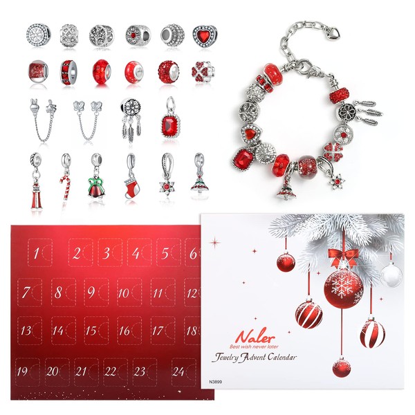 Naler Advent Calendars 2023, Advent Jewelry Pendant Charms Gift for Girls Women DIY Fashion Bracelet Necklace Xmas Countdown Countdown Calendar Gifts, Red