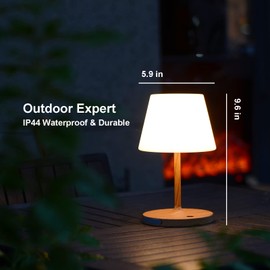 LOTITOL Outdoor Table Lamp/Cordless USB Rechargeable 4000mAh / 2700K LED/Touch Dimmable/Portable Battery Operated / IP44 Waterproof/PE Shade/Bedroom Dinning Camping Patio (9.6in, Wood Grain)
