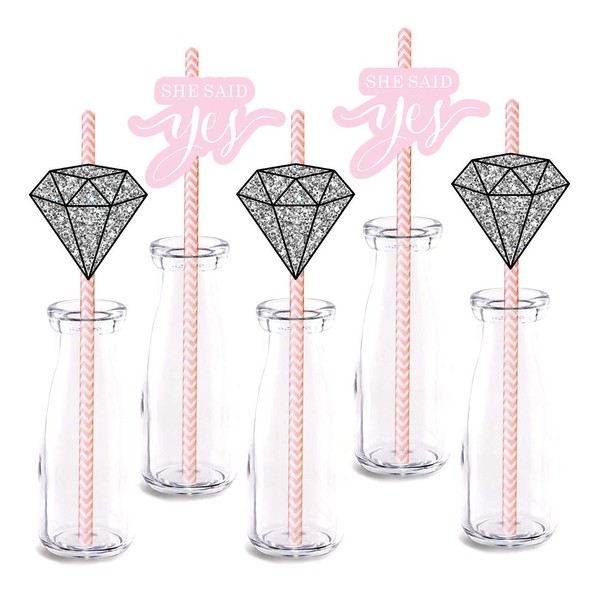 She Said Yes Straw Decor, 24-Pack Wedding Diamond Engagement Bridal Shower Party Supply Decorations, Paper Decorative Straws