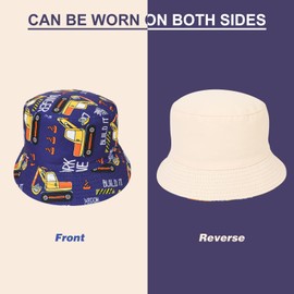 QKURT Kids Sun Hat, Summer Sun Protection Bucket Hat Reversible Beach Cap Fishing Hats, Fisherman Hats with Excavator Design for Outdoor Play for Boys 3-8 Years Old