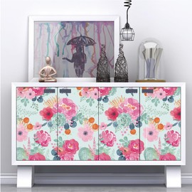 MulYeeh 17.5"x 118" Peel and Stick Wallpaper Vintage Pink Floral Wallpaper Blue Base Contact Paper Vinyl Waterproof Self Adhesive Renter Friendly Wall Paper Cabinet Décor