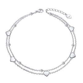 HOOHWE Ankle Bracelets for Women 925 Sterling Silver Heart Beaded Anklet Double Layered Women's Anklets Beach Foot Chain Jewelry