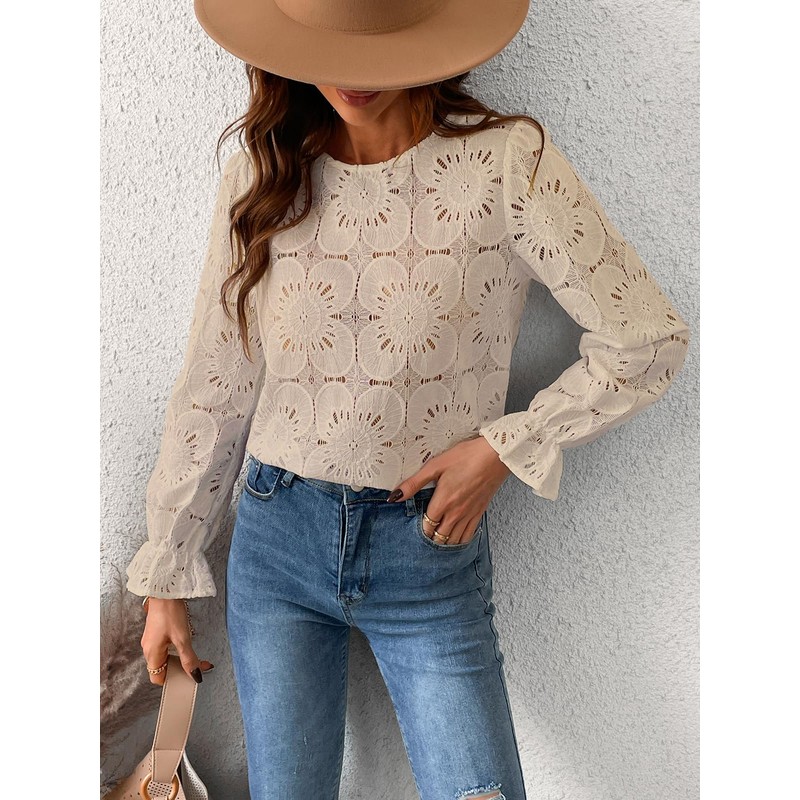CUPSHE Women's Pullover Crew Neck Long Puff Sleeves Overcut Shoulders