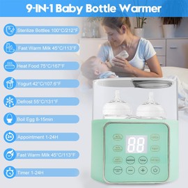 Flaschenwärmer Baby 9-in-1 Fast Babynahrungsheizung und Abtauung Bpa-Frei Sterilisator Anti- Bauchweh Babykostwärmer mit Nachtlicht und Touch-Tasten für 2 Babyflaschen, Grün (ohne Flasche)