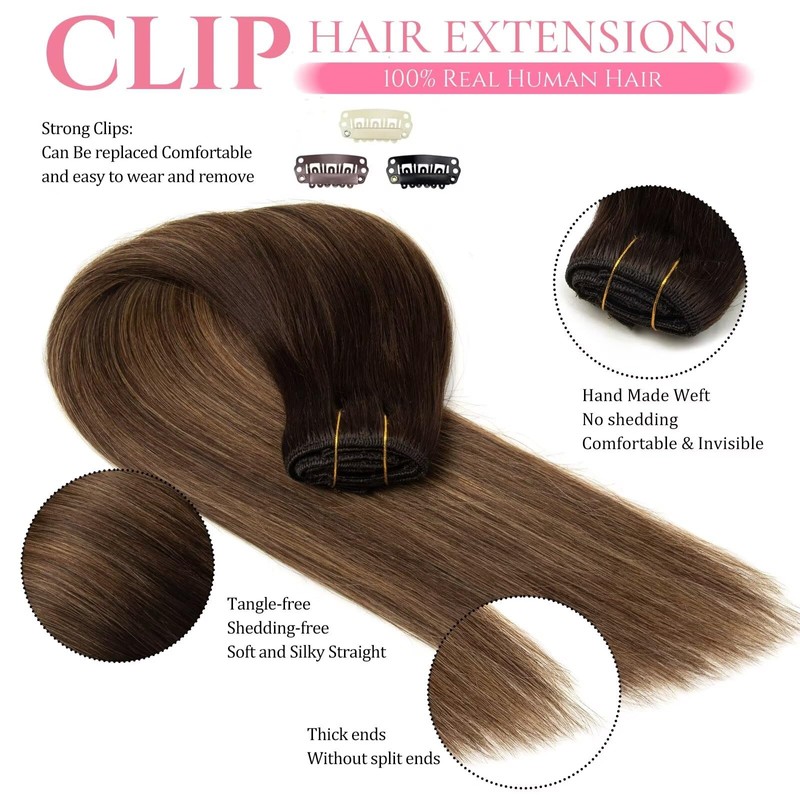 Clip in Hair Extensions Real Human Hair Ombre Dark Brown