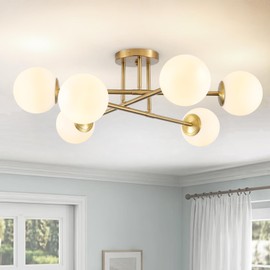 OFLNLL 6-Light Glass Sputnik Chandeliers Gold Sputnik Ceiling Light Fixture with Milk White Glass Globe Flush Mount Ceiling Light Fixture for Dining Room Farmhouse Kitchen Living Room Bedroom