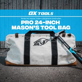 OX Tools 24 Inch Canvas Mason Tool Bag Canvas Utility Bag Reinforced and Riveted opening frame Nylon Strap Handles Suede Leather Bottom OX-P262924