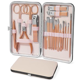 Manicura Set 18 en 1 Manicura y Pedicura Profesional Kit Acero Inoxidable Manicura Herramientas Portátiles para Cortar las Uñas-Oro Rosa