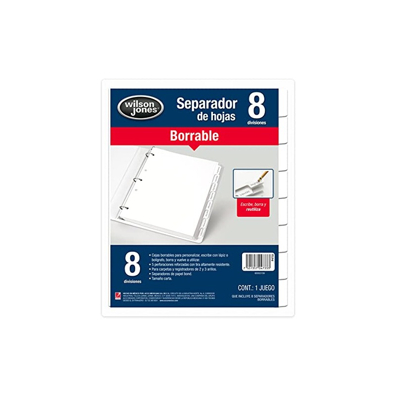 ACCO Wilson Jones Separadores de Carpeta Borrables, Color Blanco, 8
