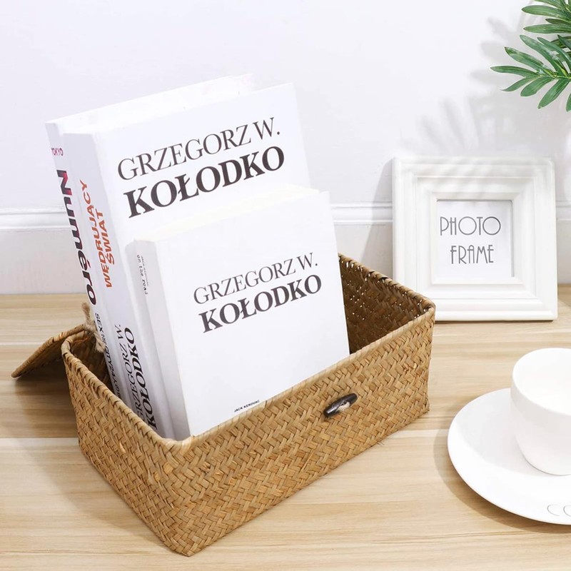 Pack of 3 Wicker Storage Baskets with Lid, Rattan Storage