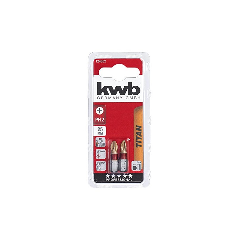 kwb 2 x 25mm PH2 Titanium Nitride Bits with Torsion