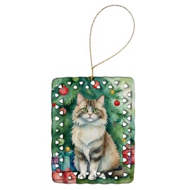 Ragamuffin Cat By the Christmas Tree Porcelain Ornament