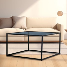 inoseen Coffee Table Modern Glass Coffee Tables Square Metal Simple Center Table for Living Room Home Office 26.5 x 26.5 x 15.7 in Gray Black
