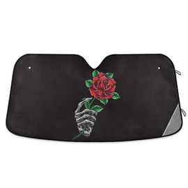 YYZZH Skull Skeleton Rose Flower Car Windshield Sun Shade Block UV Rays Sun Visor Protector Accordion Folding Sunshade Keep Vehicle Cool & Damage Free, Easy to Use,Fits Windshields of Various Sizes