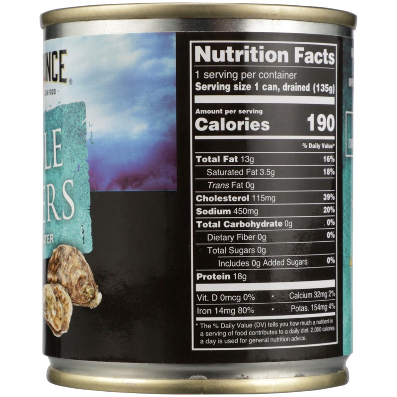 Crown Prince, Natural Whole Oysters Packed in Water, 8 oz