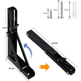 AUTOHJ Folding Shelf Brackets 24 inch 4 Pcs - DIY Wall Mounted Shelf Bracket for Garage Workstation, Stuff Supports, Plant Stand - Heavy Duty Metal Collapsible Floating Shelf Bracket Black