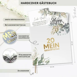 My 20th Birthday Guest Book with Wine Labels - Memory Book Eucalyptus Look Gift for Family & Friends to Fill in No Questions - Blank Hardcover 72 Pages (20 My Birthday, 21 x 21 cm)