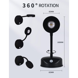 FXPS wireless spotlight powered by battery, rechargeable for illuminating artworks, LED bulb wall light, with motion sensor, adjustable light 360-degree rotation, adhesive decorative lighting. (black)