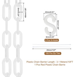 sourcing map Plastic Chain 10 FT/3.1 M, Safety Chain White Plastic Chain Link Barrier with Zip Ties and S-Hooks for Crowd Control Queue Line Fence Decoration