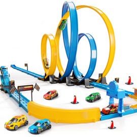 MSKOLER Car Race Track Sets for Kids 3 4 5 6 7 8 9 Years Old - Toy Car Track Set for Boys 3-5 6-8 8-12, Racing Game with 4 Small Cars, Boys Toy, Gifts for Girls 3-8