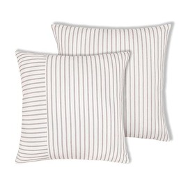PurpleEssences Double Pin Striped Patchwork Farmhouse Pillow Covers Set of 2, 18x18 Inch Cotton Decorative Cushion Covers for Sofa, Couch, Chair & Bedroom Décor - Brown and H.White