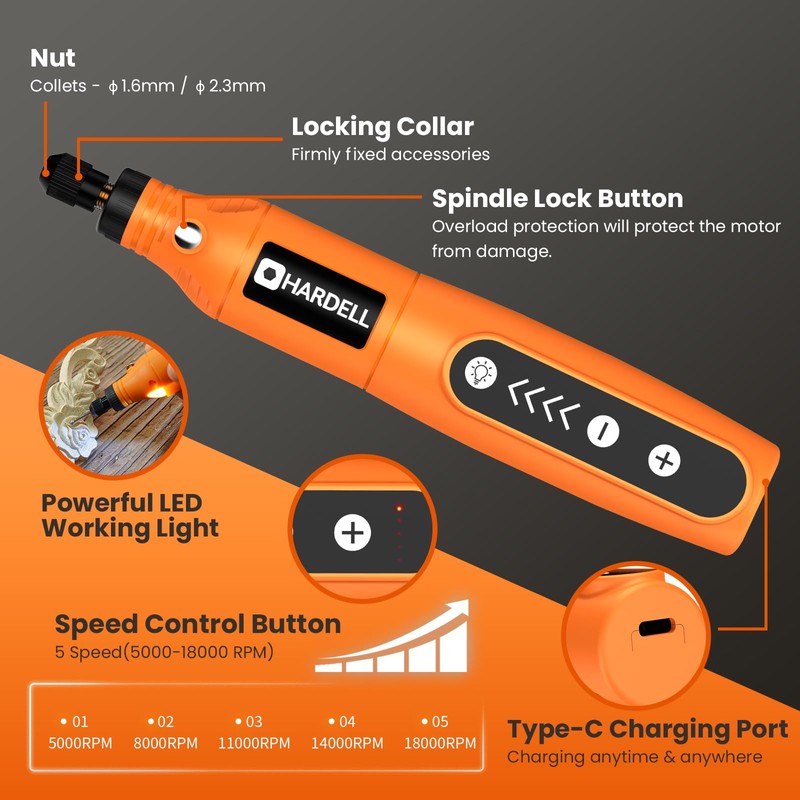 HARDELL Mini Cordless Rotary Tool, 5-Speed and USB Charging with