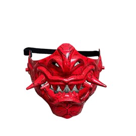 Beyond Collectibles Japanese Monster Hannya Mask Demon Oni Samurai Half Face Shield Crack Style (RED W/CRACK), One size fit most