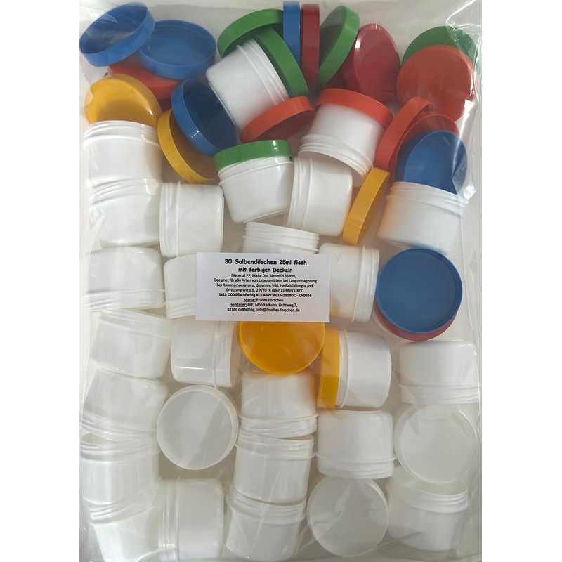Frühes Forschen 30 Salbendosen flach, 25ml Inhalt mit farbigen Deckeln