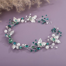 Teyglen Green Crystal Wedding Hair Vine Handmade Silver Leaf Headpiece Bridal Rhinestone Pearl Beads Headband Flower Hair Accessories for Women