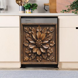 Dishwasher Magnet Cover Vintage Art Floral Magnetic Refrigerator Panel 3D Carved Flower Style Decorative Vinyl Fridge Sticker Home Dishwasher Decor (CC2503MI18-2,23" x 26" Magnetic)