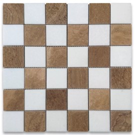 Stone Center Online T258XP Thassos White Yellow Woodgrain Marble Checkerboard Square Mosaic Tile